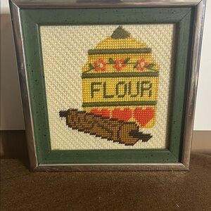 Vintage needlepoint rolling pin kitchen art metal framed